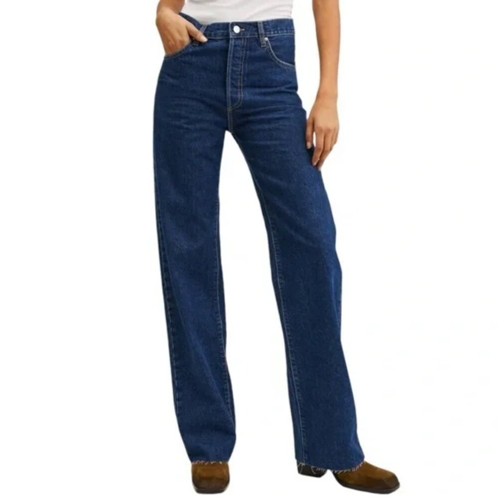 Mango Nora Wide-Leg Blue Denim Button Fly Jeans - Size 14